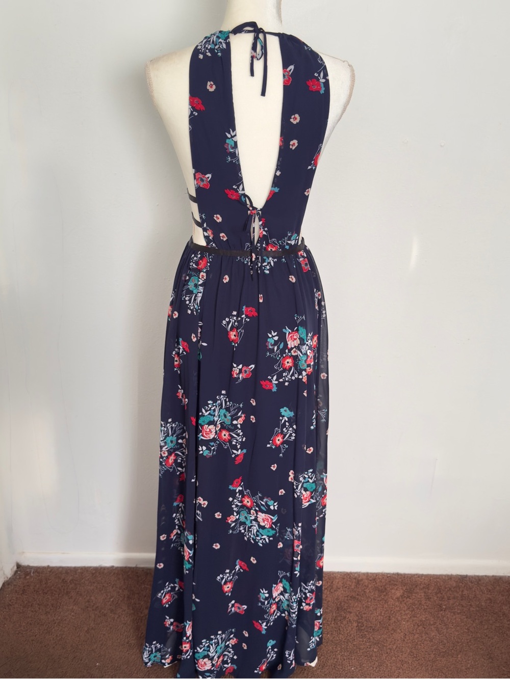 Express Floral Halter MaxiDress NavyBlue Caged Waist Cut Out Sexy Festival Small - Picture 5 of 9